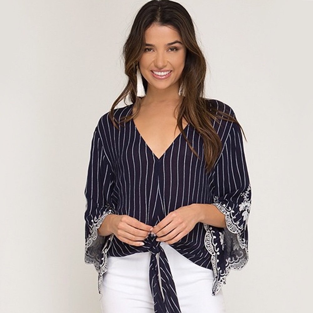 Blue Floral Striped Tie Front Bell-Sleeve Top - Picture 3 of 9